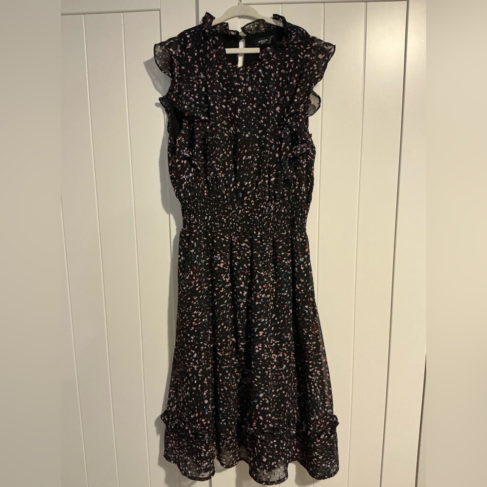 Aqua Girls XL Black Sleeveless Ruffle Midi Dress – Abstract Print